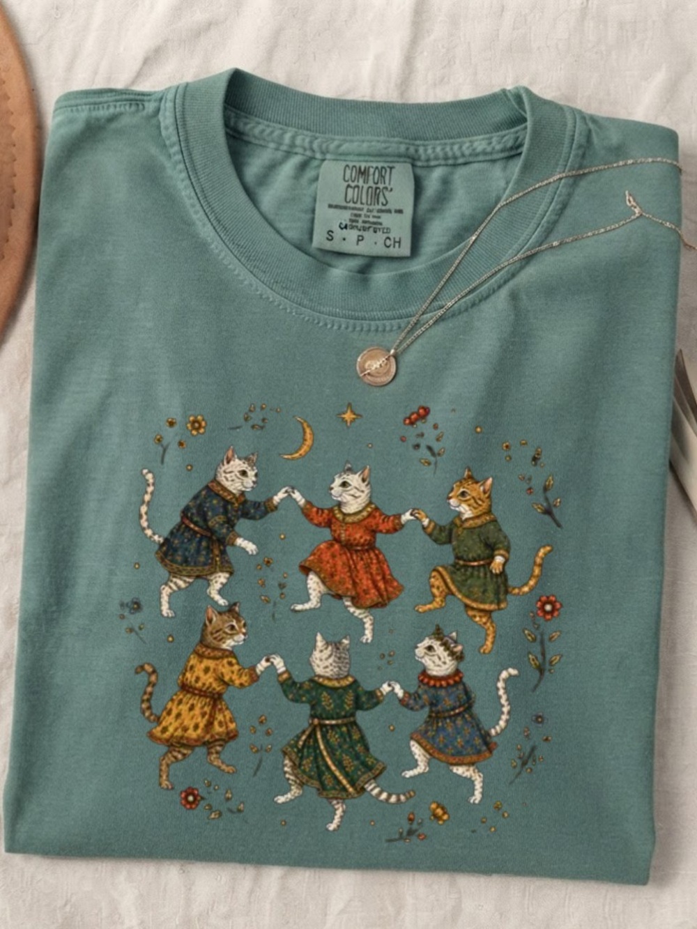 Medieval Dancing Cats Folk Art Floral Graphic Comfort Color T-Shirt